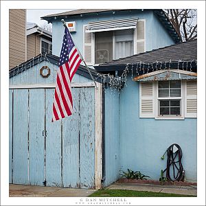 Blue House, Flag, Holiday Lights