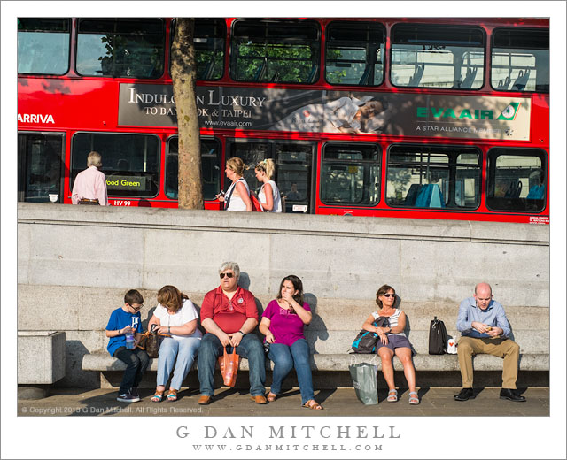 Red Bus, People on Bench