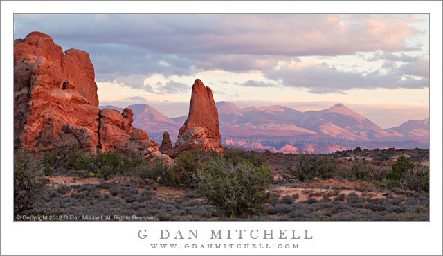 LaSalMountainsSunsetSandstoneTowerArches20121011