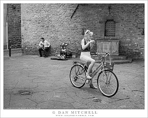 Woman On Bicycle, Street Musician